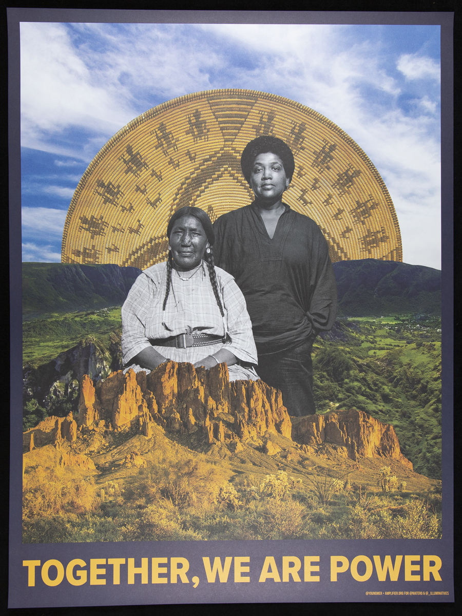 Poster, Collage poster with text and image of two women in a landscape with a woven circle or basket behind them