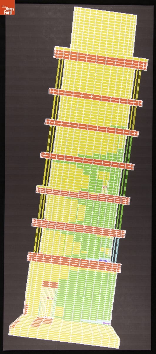 Stylized print of yellow and green tower with pink rings tilted to one side on black background