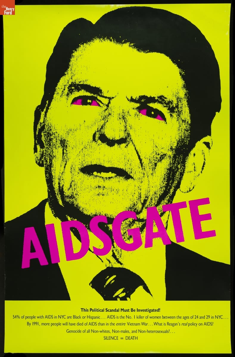 Yellow poster with image of Ronald Reagan with purple eyes and text 