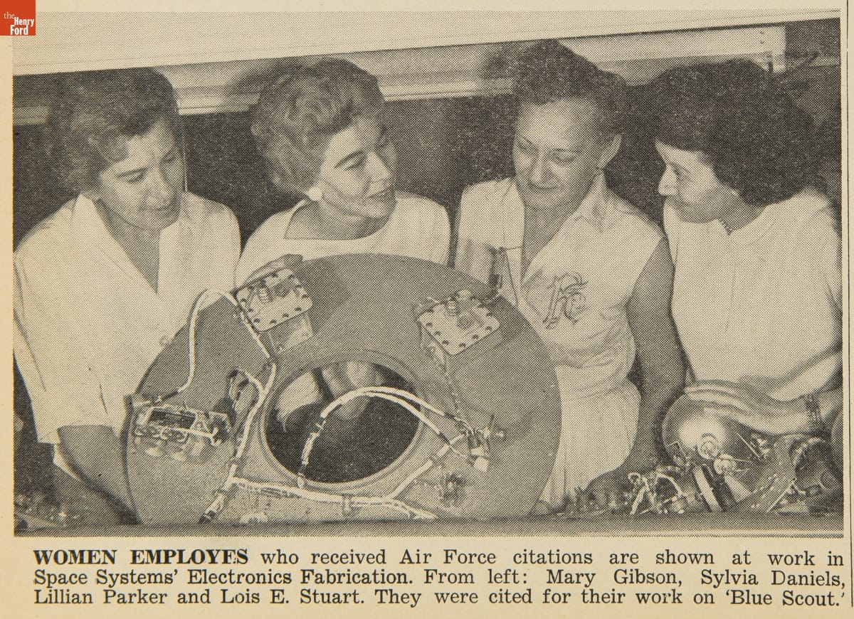 Aeronutronics News, Volume 1, March-December 1960 / detail 4 Black-and-white photo of four women with large, round component with wiring; also contains text