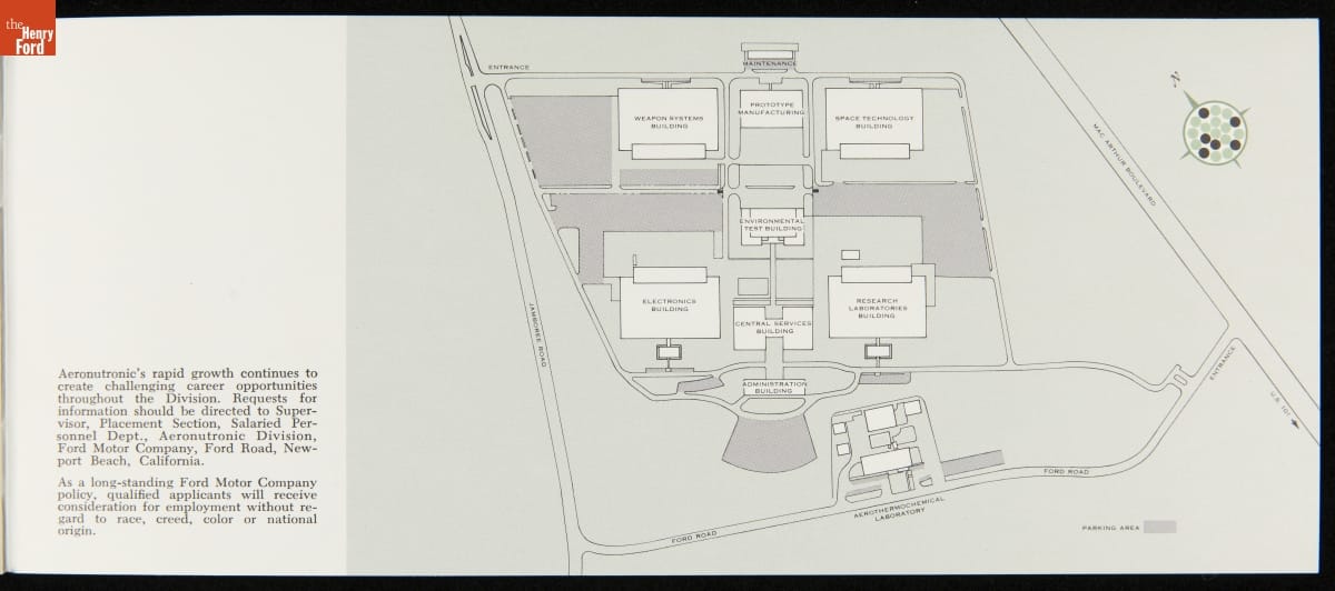Brochure, Page with text and aerial map drawing