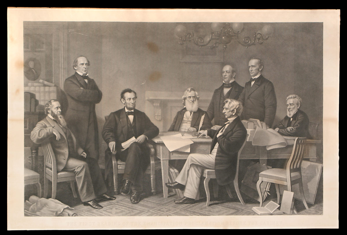 Engraving, Group of men sit and stand around a table filled with papers and books, with additional papers and books around the room