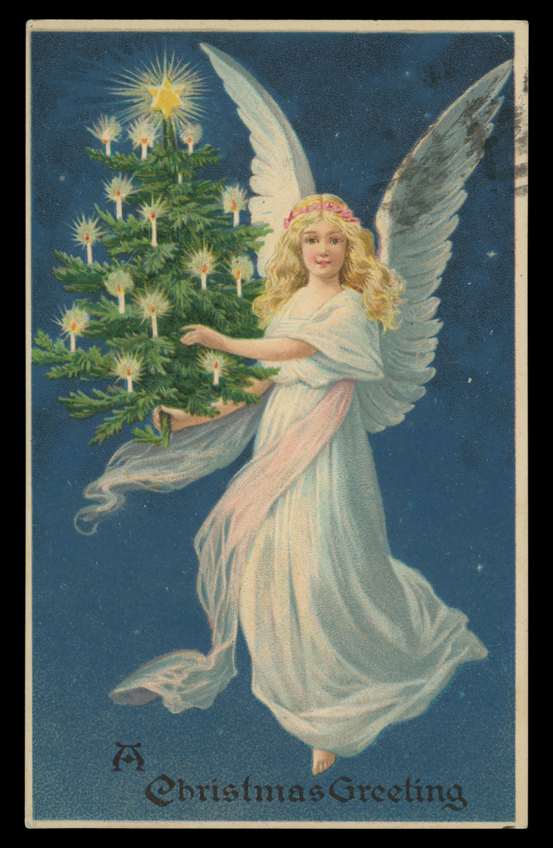 Christmas Postcard, Vertical blue postcard with image of winged angel in white robes holding a small Christmas tree lit with candles; also contains text