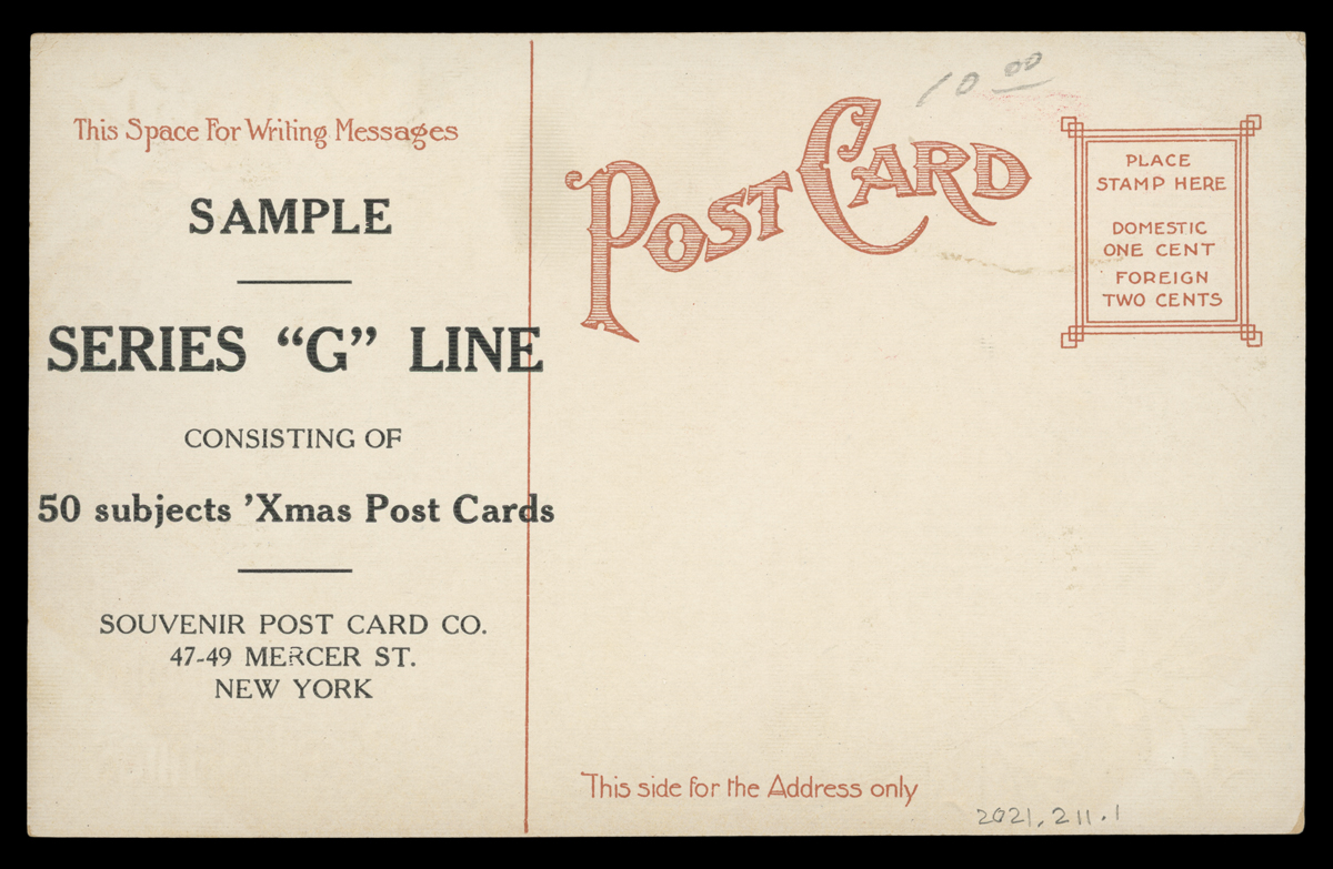 A Joyful Christmas, circa 1910 / back Back of postcard with printed text and place for writing message, address, and stamp