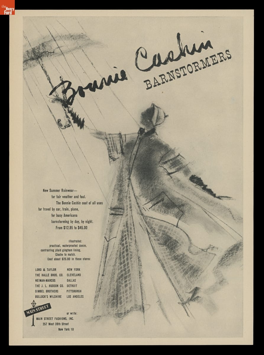 Advertisement for Summer Travel Rainwear, Advertisement with impressionistic black-and-white drawing of a woman in a raincoat holding an umbrella; also contains text