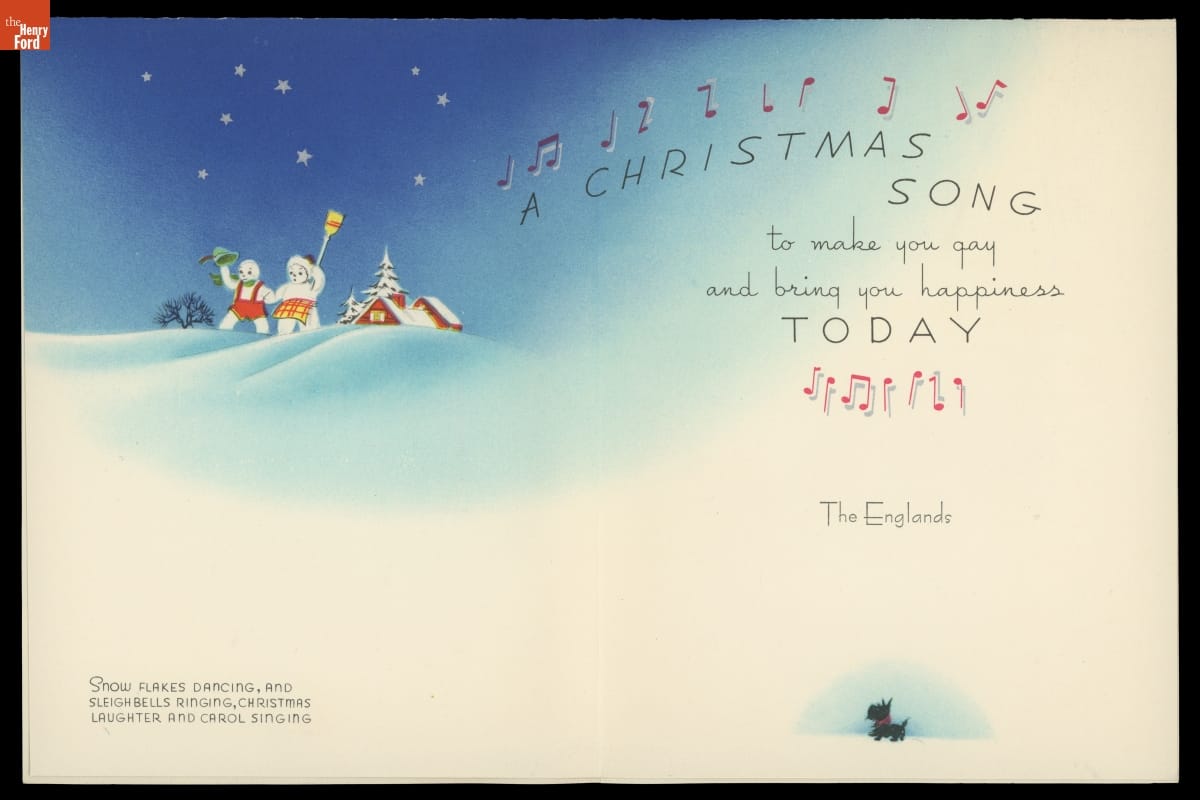 Interior of a Christmas card depicting two snowpeople walking from a red building (church?) across snowy slopes against a blue sky filled with stars, and a Scottie dog; also contains text