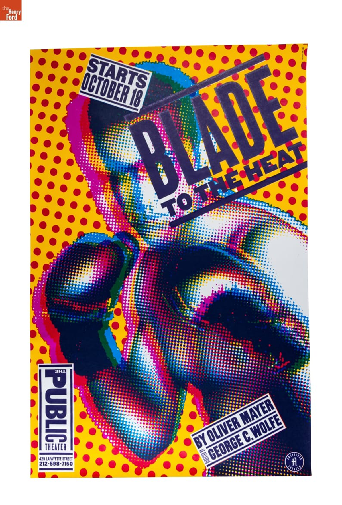Numerous posters designed by Paula Scher were donated by the Stewart Program for Modern Design, including this “Blade to the Heat” poster designed for the New York Public Theatre in 1994.