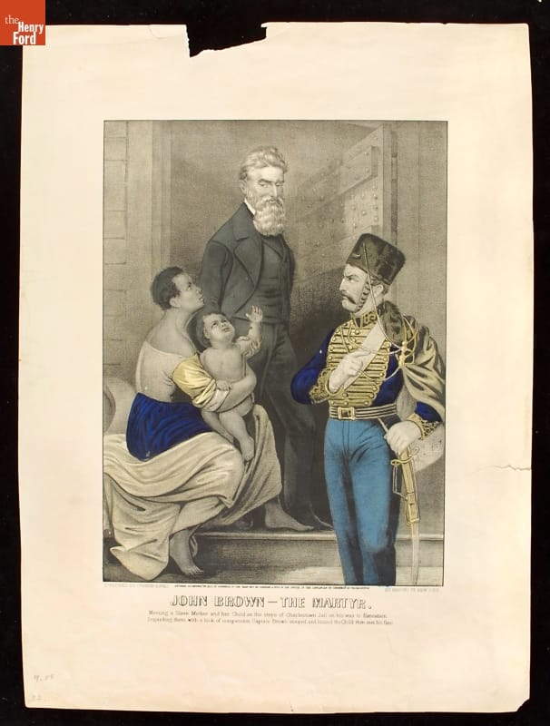 Print of Black woman holding child and kneeling at the feet of standing man in suit; man in uniform stands beside them