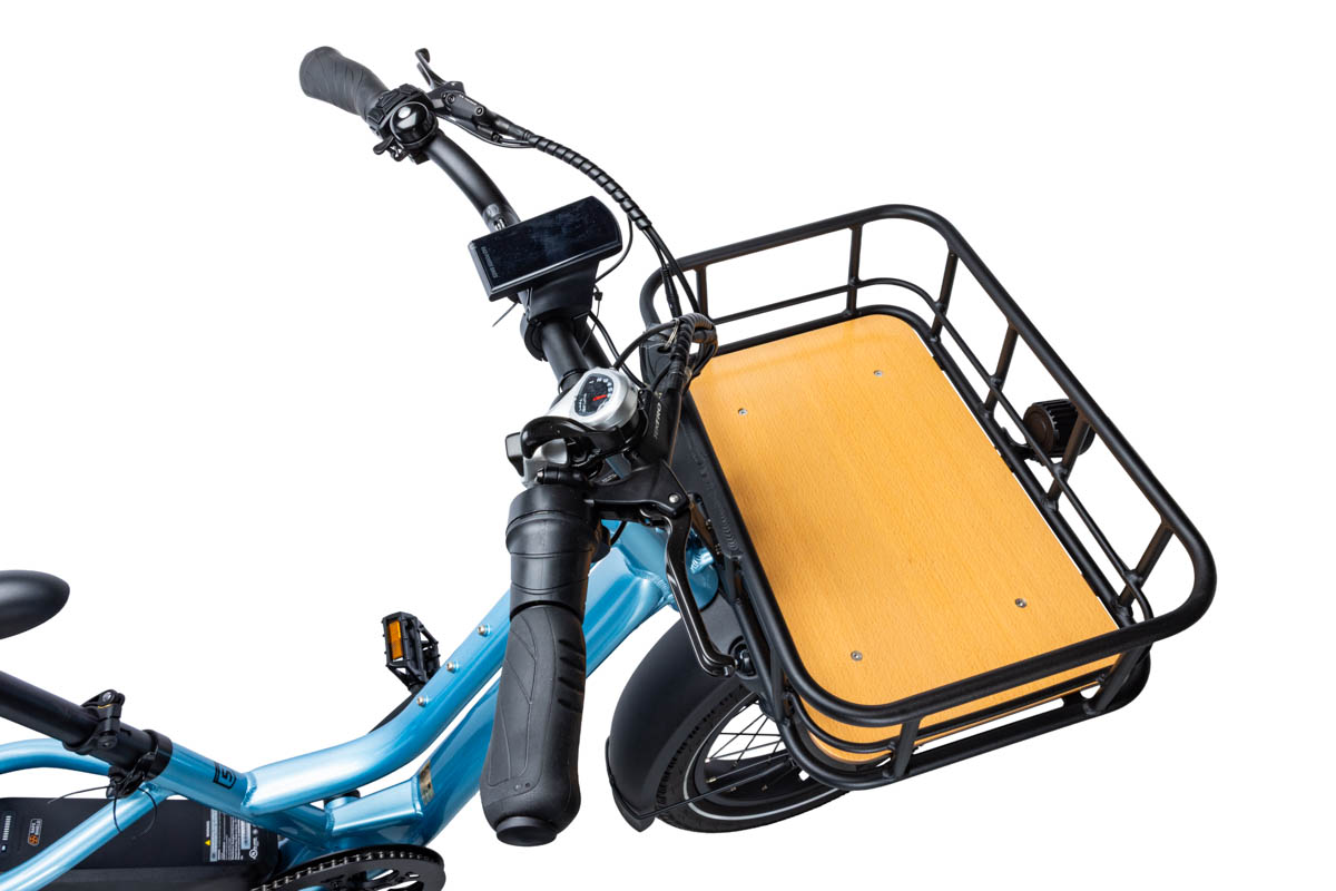 a bike basket on a blue bicycle