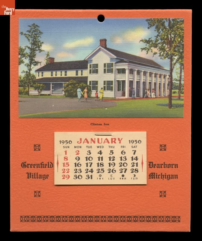 Souvenir Calendar, Orange paper with image of two-story white building at top and small calendar page below; also contains text