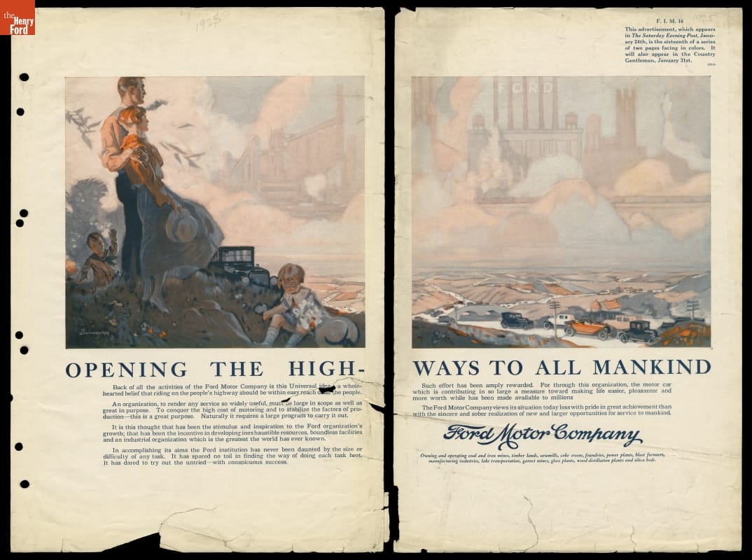 Two-page spread with text and image of family looking from a hill at a landscape, with a ghostly factory in the sky