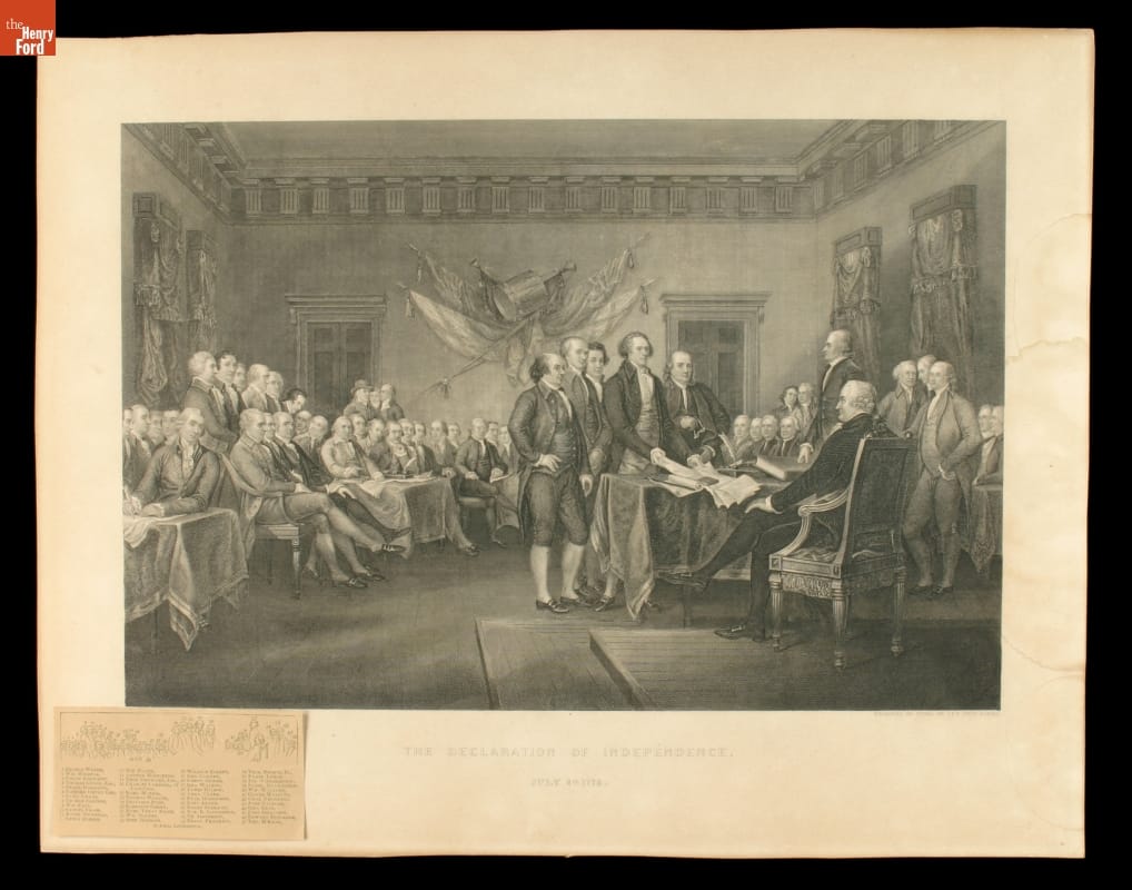 Engraving, Black-and-white print of a group of men in a room looking towards a table with five men standing before a seated man