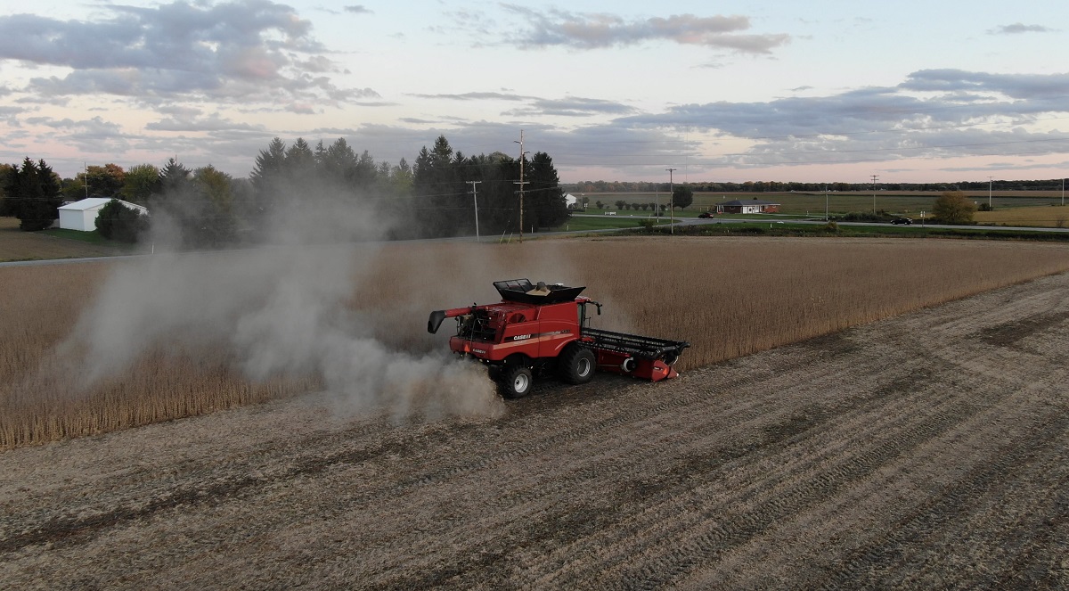 Case IH Combine Harvesting Soybeans Wheeled red machine trailing dust cloud in a half-harvested field