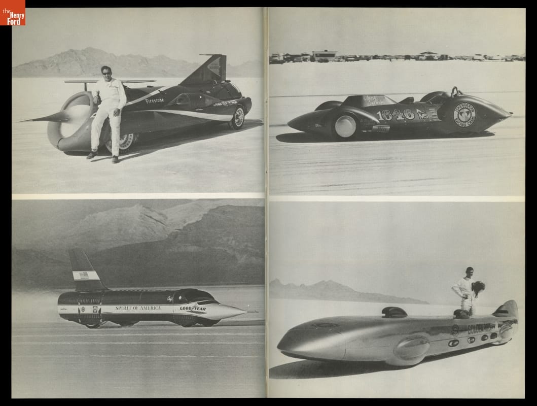 The Fastest Men in the World, On Wheels, 1971 / plate between pages 84-85 Black-and-white two-page book layout with four images of long, sleek race cars, with and without people standing next to them