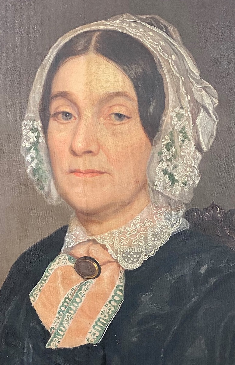 Varnish removal, with left side cleaned Woman in black dress with white lace collar and bonnet; left side of painting is brighter and lighter than right side